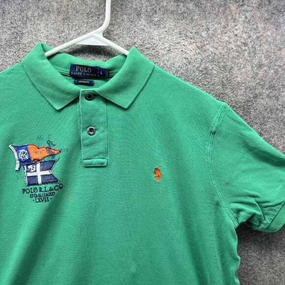 Polo Ralph Lauren Polo Shirt Mens Large Green Custom Flag Equestrian Embroidered - Picture 8 of 12